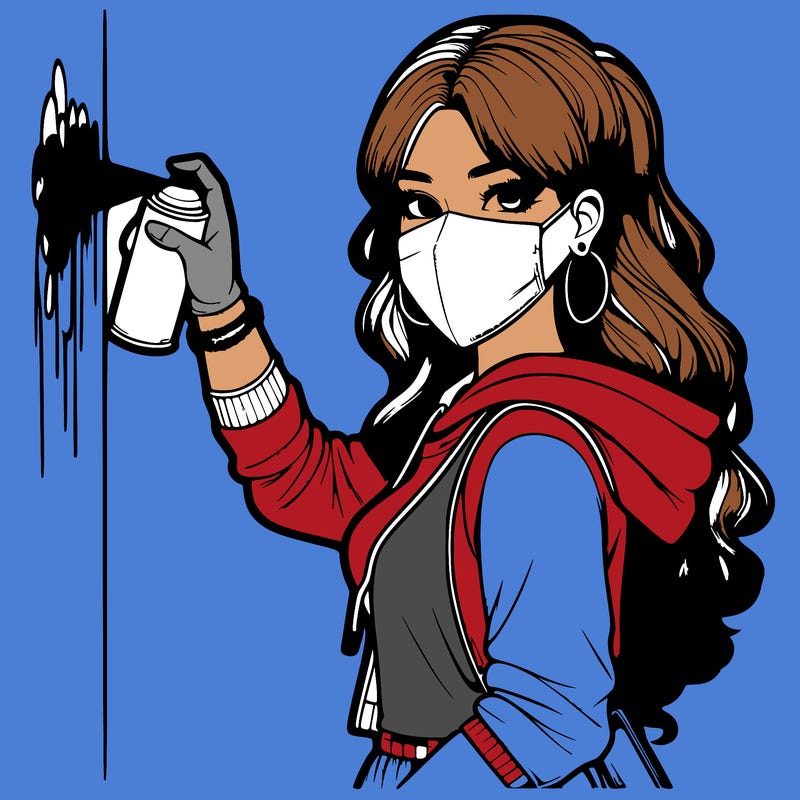 realistic girl with mask spray painting a wall