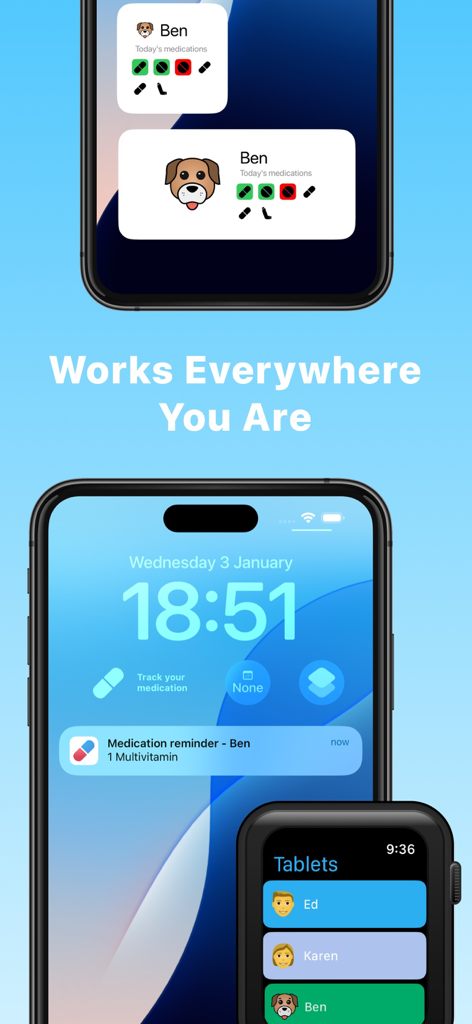 Aplicativo de lembrete de medicação exibido nos widgets da tela de bloqueio do iPhone e no Apple Watch.