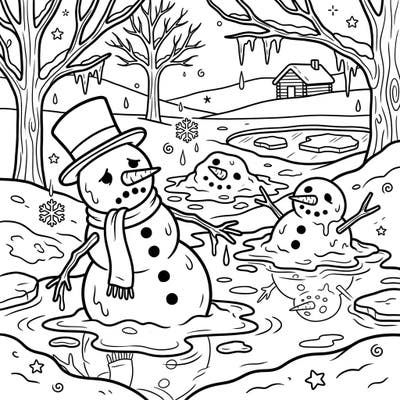 Capture the poignant beauty of winter's end with this enchanting coloring page featuring melting snowmen. Dive into a scene of gentle thaw and natural transition, perfect for reflective coloring.