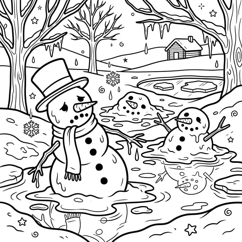 Capture the poignant beauty of winter's end with this enchanting coloring page featuring melting snowmen. Dive into a scene of gentle thaw and natural transition, perfect for reflective coloring.