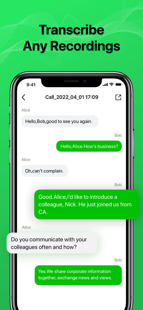 Écran de smartphone affichant une transcription textuelle d'un appel téléphonique enregistré