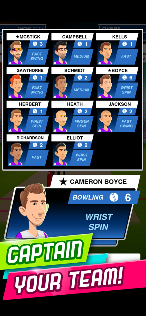 Stick Cricket Super League screen for managing the team lineup and selecting bowlers