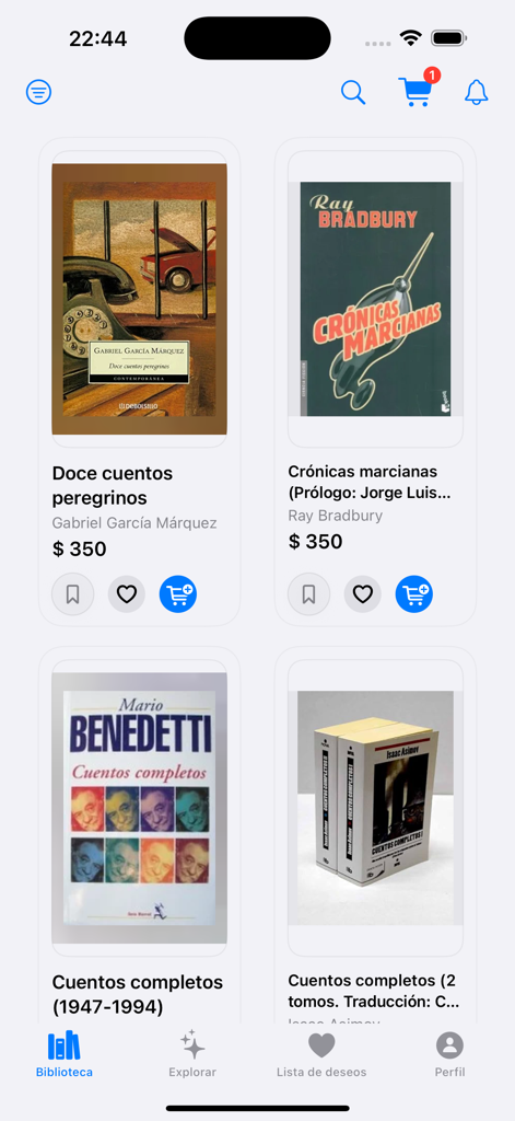 Tremendos Libros - Mobile app interface of Tremendos Libros showing a catalog of Spanish and translated books with prices and cart options.