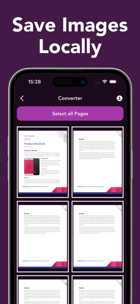 iPhone-Bildschirm, der die Konvertierungs-App PDF zu PNG mit einem Raster von Broschürenseiten und einer Schaltfläche zum lokalen Speichern von Bildern anzeigt