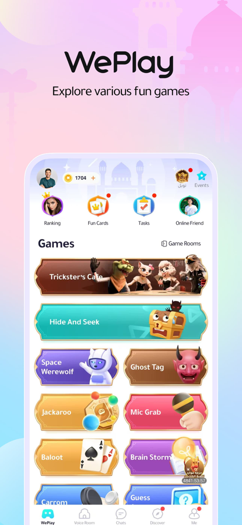 WePlay app interface featuring a variety of casual party games like Space Werewolf and Mic Grab