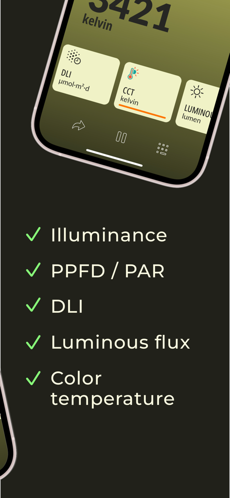 Light Meter: Lux-525 Pro - Light Meter Lux-525 Pro app interface showing features like PPFD PAR DLI and color temperature