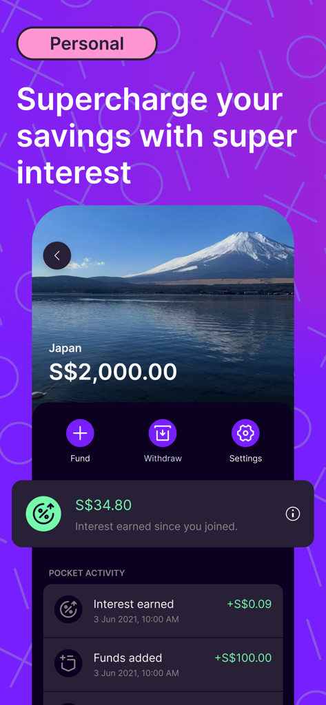GXS Bank - GXS Bank app interface showing a savings pocket for a Japan trip with balance and daily interest earned