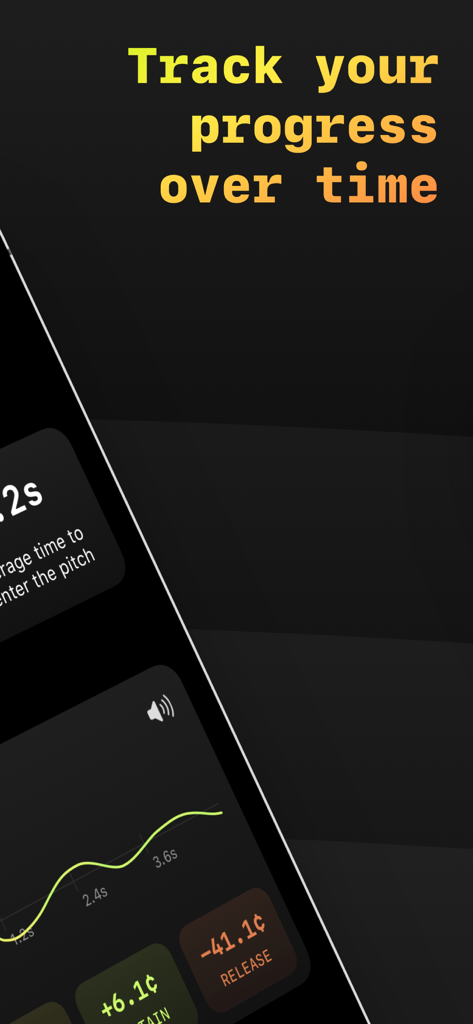 Interface de l'application Pitch Pro montrant les analyses de précision de la justesse et le suivi des progrès au fil du temps