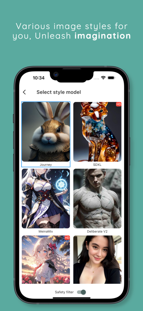 Chat Journey - Pocket AI Buddy - Una interfaz de aplicación móvil de Chat Journey que muestra diferentes modelos de estilos de generación de imágenes de IA como SDXL y Deliberate V2.