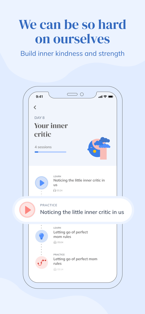 Canopie for Parents - Écran de l'application Canopie pour parents montrant des séances de santé mentale pour gérer le critique intérieur et abandonner les règles de la mère parfaite