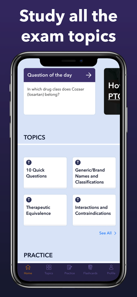 PTCB & PTCE Test Prep 2026 - PTCB and PTCE exam prep app interface showing study topics and a question of the day