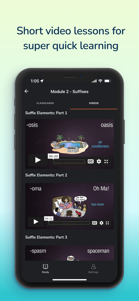 Interface do aplicativo DeanVaughn apresentando videoaulas curtas com visuais mnemônicos para sufixos médicos