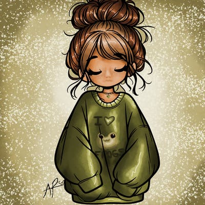 girl with baggy sweatshirt and messy bun