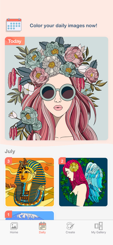 Color Fever - Color by Number - Daily coloring challenges in Color Fever app showing a woman with a floral crown and artistic gallery themes