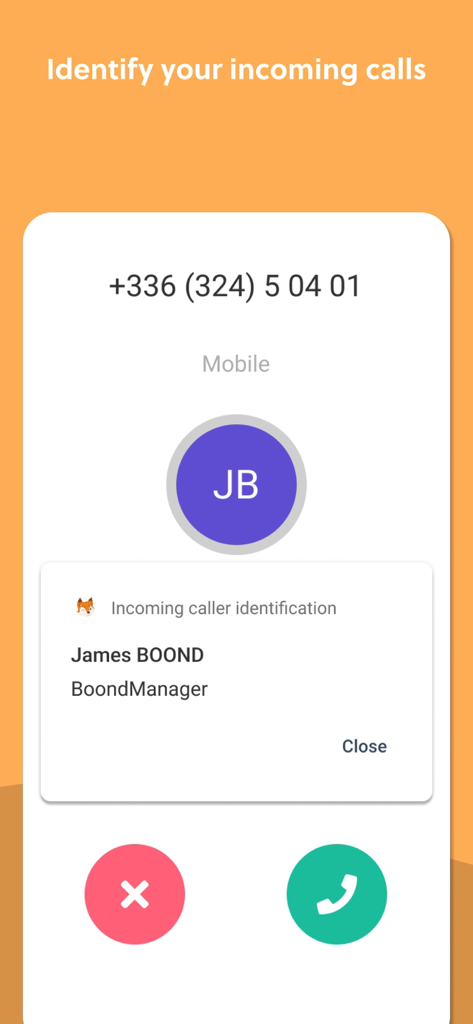BoondManager 앱의 모바일 화면으로, CRM 연락처를 식별하는 수신 발신자 ID 기능을 보여줍니다.