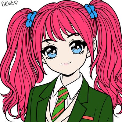 realistic girl with two ponytails and a suit on