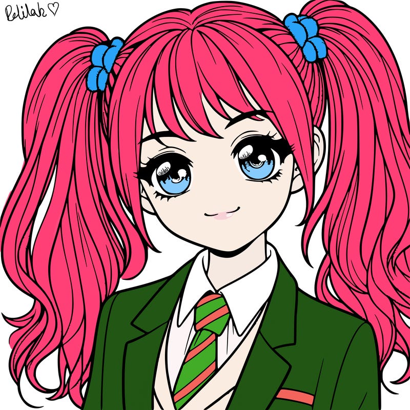 realistic girl with two ponytails and a suit on