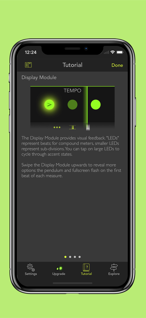 Metronome: Tempo Lite - Metronome Tempo Lite app tutorial screen explaining the visual LED display module for tracking beats.