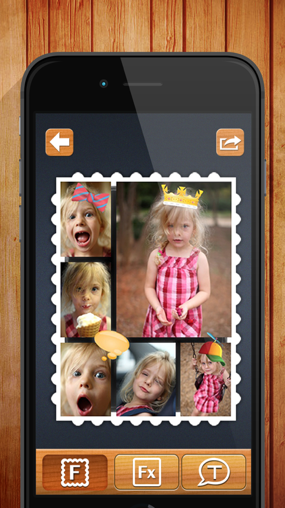Postage stamp style photo collage with stickers and editing options on a mobile screen
