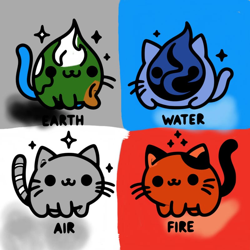4 cats that represent the different elements, earth, water, air, and fire