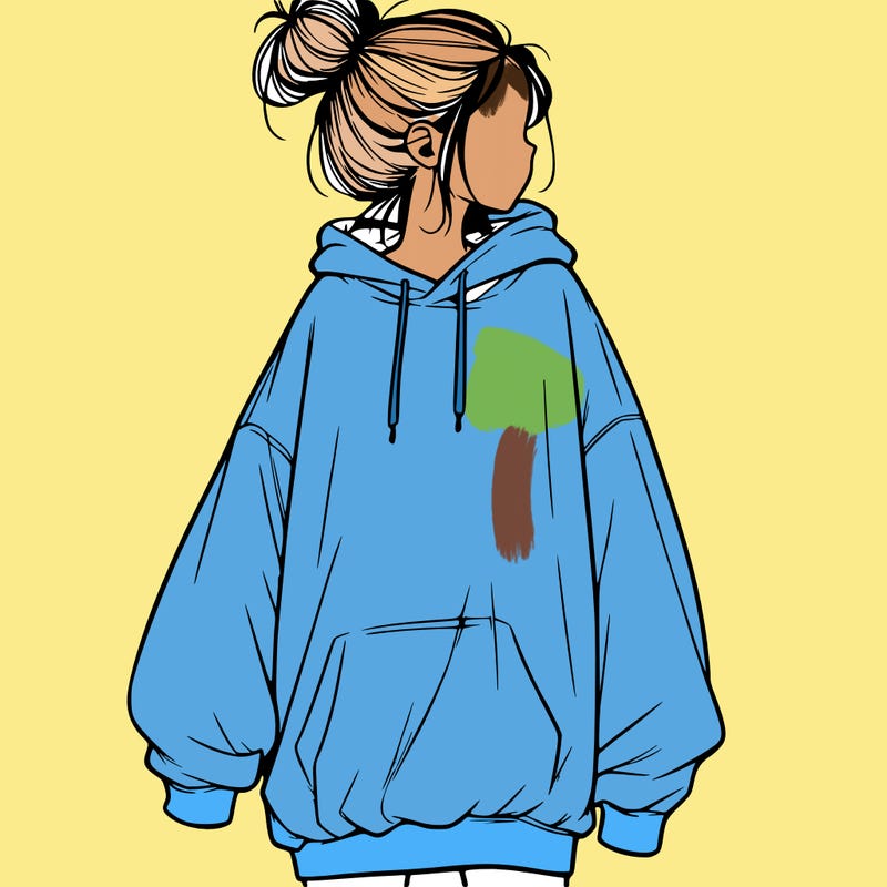 realistic girl with a oversized sweatshirt on and a bun