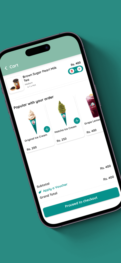 WEDRINK PK - Checkout screen of the WEDRINK PK app showing a cart with brown sugar pearl milk tea and suggested ice cream items.