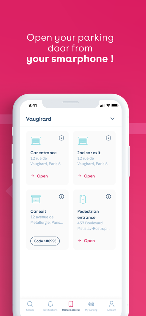 Yespark, your car park - Yespark app interface showing the remote control screen to open parking entrances and exits from a smartphone.