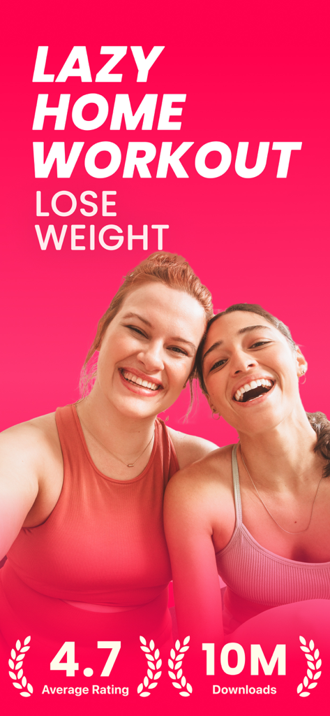 Zwei lächelnde Frauen in Fitnessbekleidung auf rosa Hintergrund bewerben die LazyFit Heim-Workout-App zur Gewichtsabnahme.