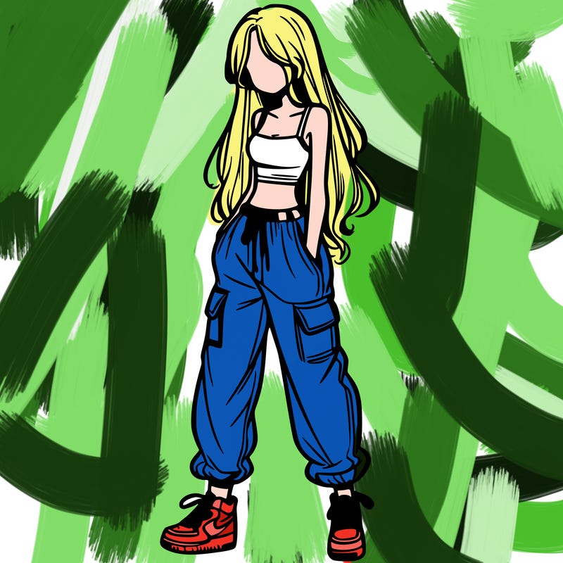 girl in baggy pants crop top and long hair