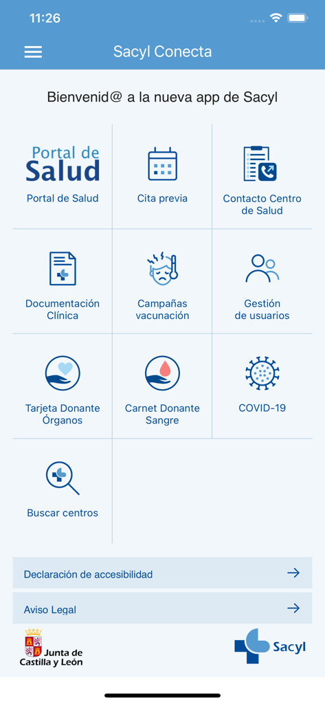 SACYL CONECTA - Panel principal de la aplicación sanitaria SACYL Conecta que muestra iconos para citas, historiales clínicos y campañas de vacunación.