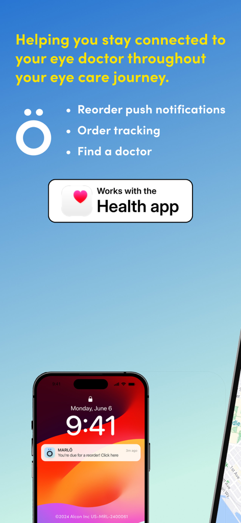 MARLÖ - MARLO app screenshot showing reorder push notifications order tracking and Apple Health integration on an iPhone