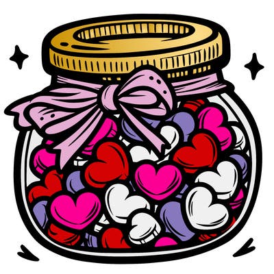 a jar filled with heart-shaped candies and a ribbon around the neck.
