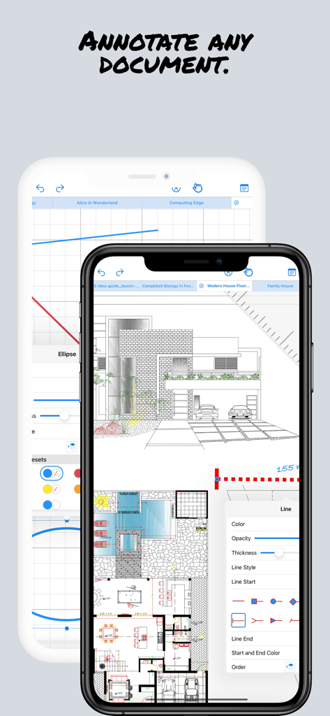 モバイルPDFノートアプリで注釈が付けられているプロフェッショナルな建築図面