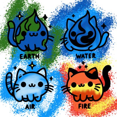 4 cats that represent the different elements, earth, water, air, and fire