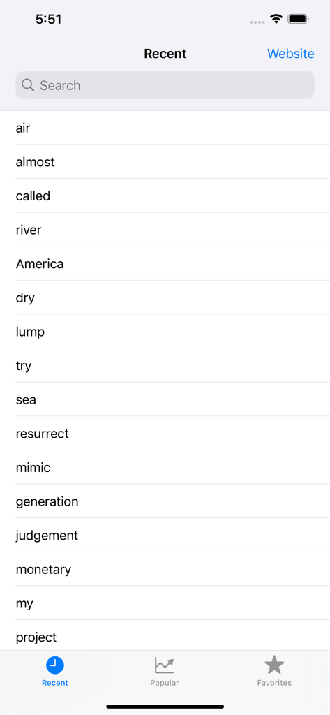Sign ASL - Lista do histórico de pesquisas recentes dentro do aplicativo de dicionário de vídeo Sign ASL