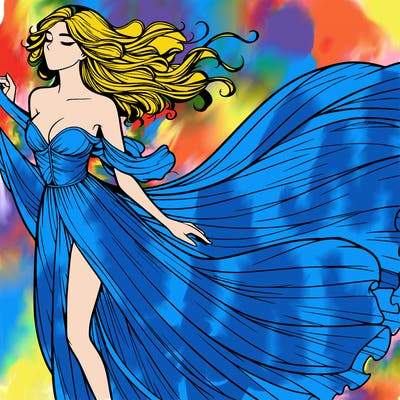 realistic woman in dress flowing the the wind