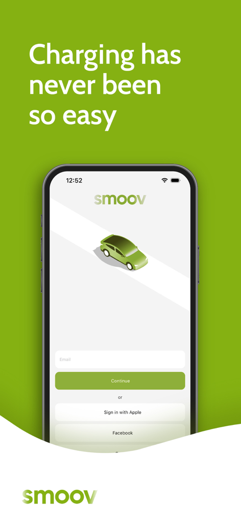 Smoov - Smoov mobile app login screen featuring an electric car icon and charging slogan on a green background