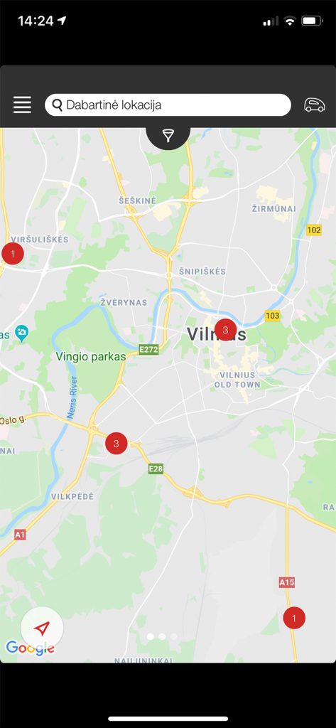 利用可能なレンタカーの場所を示すAUTOCOM GOモバイルアプリの地図