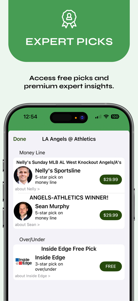 Eine mobile Oberfläche, die Experten-Sportwetten-Tipps und Prognoseeinblicke für ein MLB-Spiel zeigt