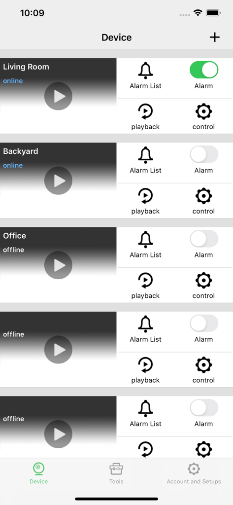 WIWACAM - WIWACAM app dashboard showing a list of security cameras for living room and backyard with alarm and playback controls