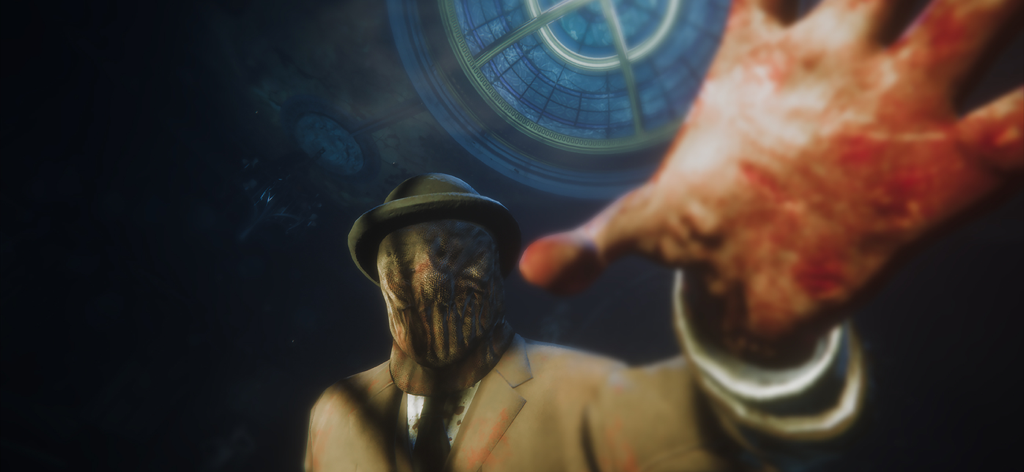 暗い部屋で血まみれの手を伸ばす、亜麻布のマスクとスーツを着た恐ろしいキャラクター