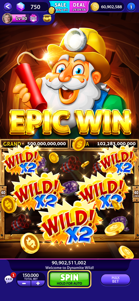Epic Win screen on Dynamite Wild slot machine in Club Vegas Slots casino game
