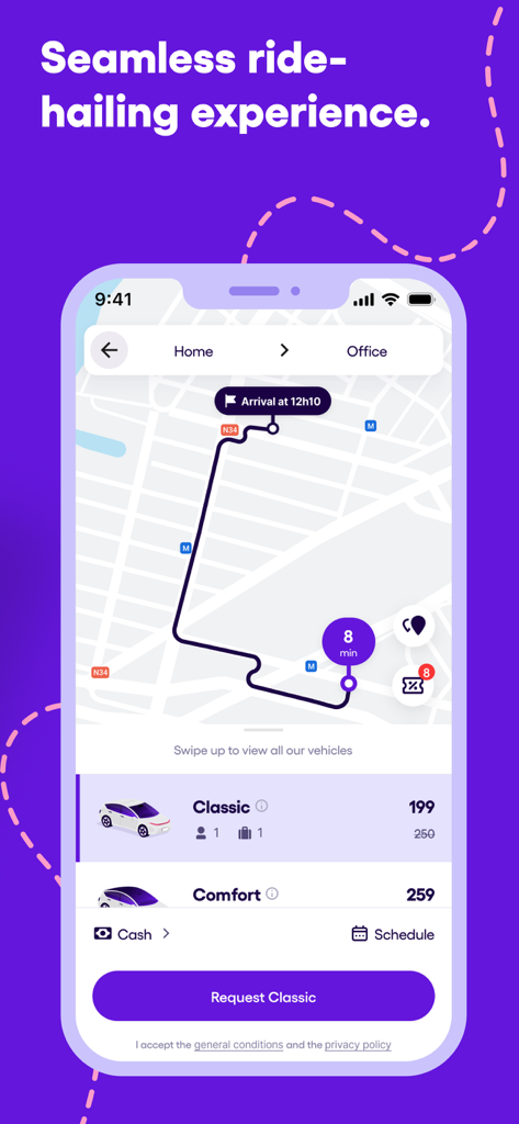Yassir Go app interface showing a map route and vehicle options like Classic and Comfort