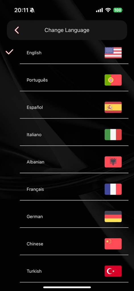 Menu de seleção de idioma no aplicativo Blessed Player mostrando várias opções com bandeiras