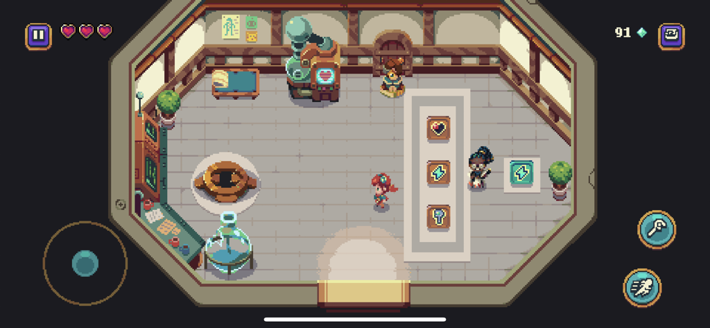 Sparklite - Top-down pixel art screenshot of a shop interior in Sparklite showing items and characters.