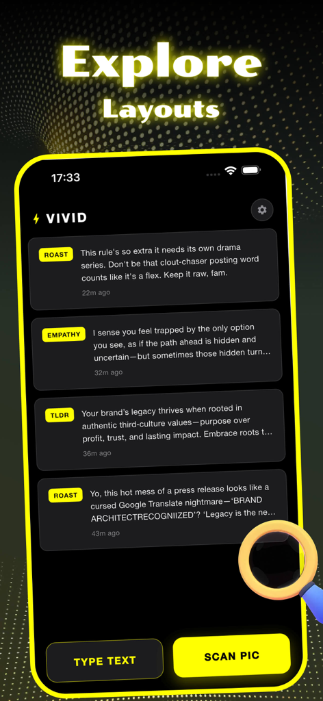 Capture & Create - Vivid - Screenshot der Vivid App, der verschiedene KI-Inhalts-Layouts wie Roast, Empathy und TLDR in einer kontrastreichen schwarz-gelben Oberfläche zeigt.