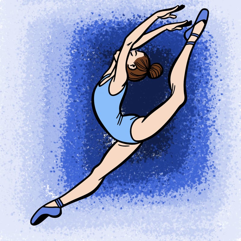 gymnast doing a leap in a leotard with a bent back leg