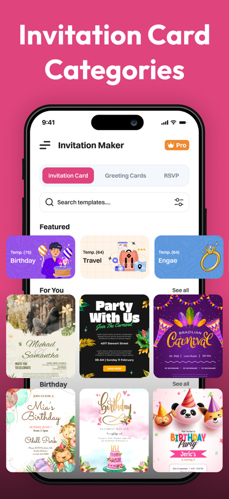 Invitation Maker- Invites RSVP - Invitation Maker app interface showing various design templates for birthdays weddings and parties