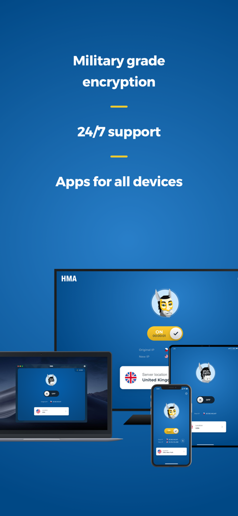 HMA Hotspot VPN & Proxy - HMA VPN app interface displayed on a laptop, tablet, and smartphone highlighting military grade encryption and 24-7 support