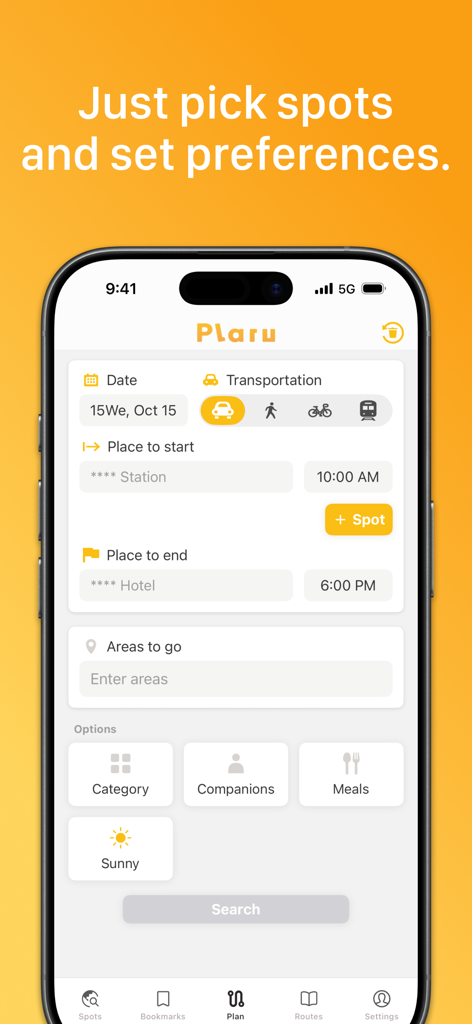 Plaru Japan – Travel with AI - Plaruアプリの計画インターフェース。日本への旅行のための交通手段と目的地設定が表示されています。